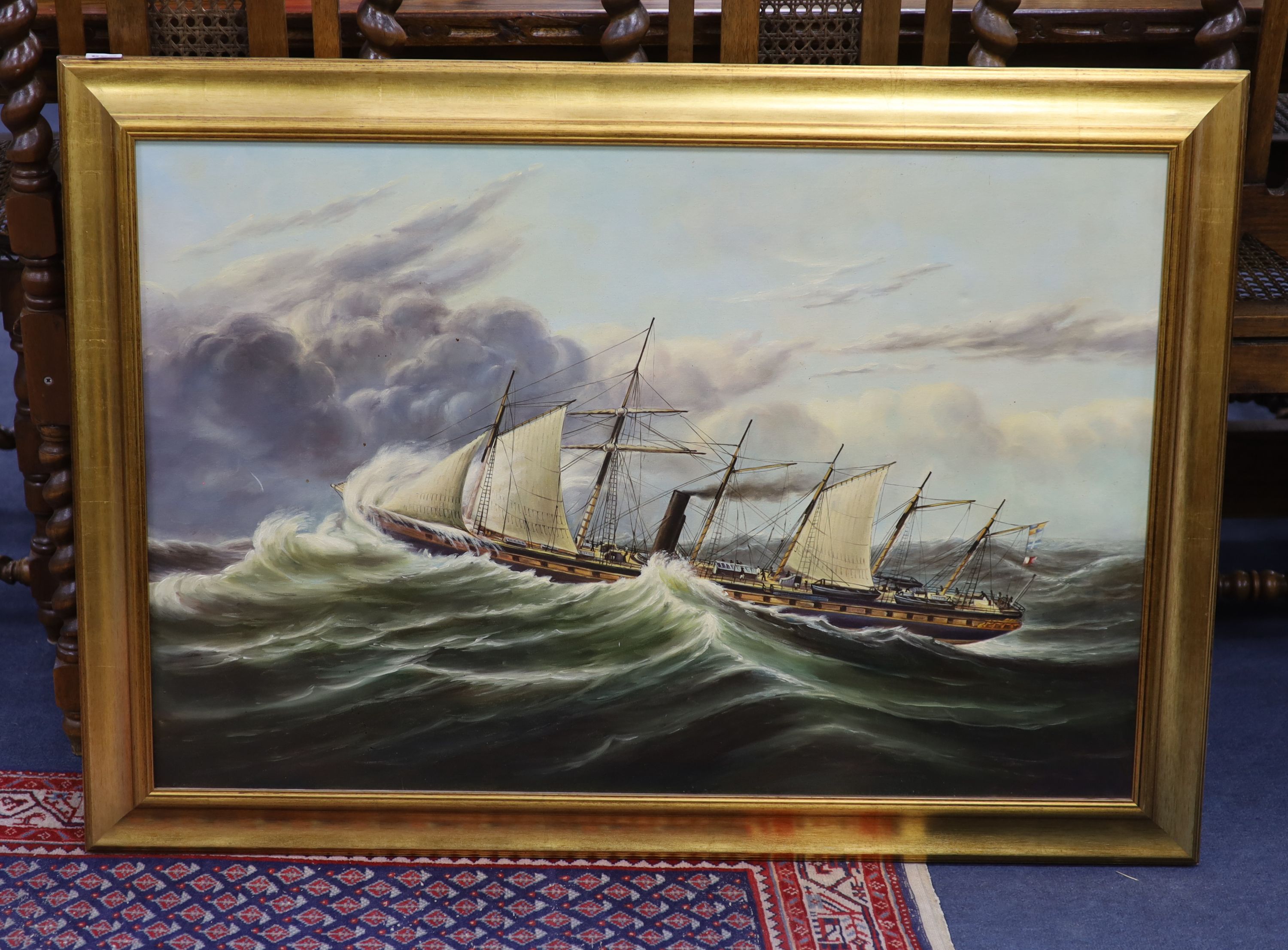 English School, oil on canvas, Steam and sail ship at sea, 60 x 91cm